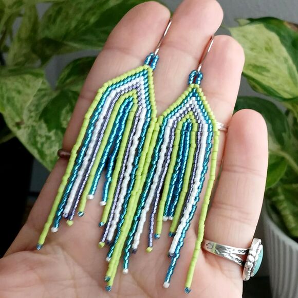 Boho Chic Beaded Cascade Fringe Dangle Earrings, Seed Bead Jewelry, 3.75" - Picture 2 of 5